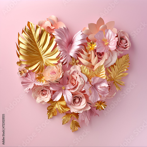 Floral gold heart on pink background, in the style of sculptural paper constructions, leaf patterns photo