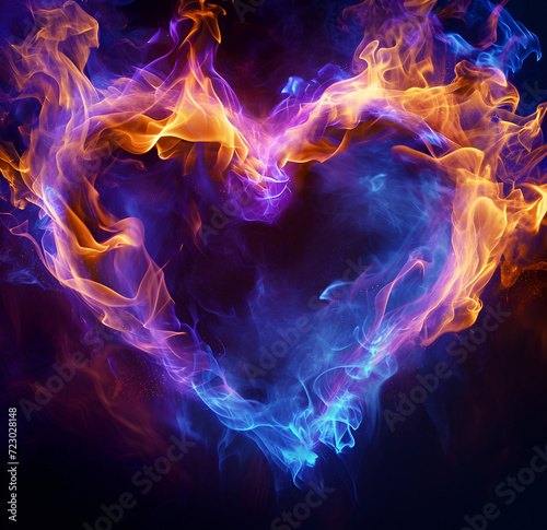 Heart with fire in flames with black background, in the style of romantic whimsy.