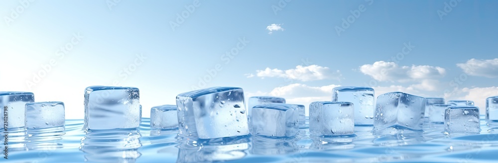 A bluish background adorned with ice cubes, depicting the essence of frozen water.