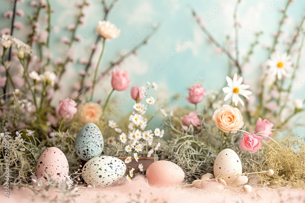 Fototapeta premium Blooming Easter: Eggs and Flowers Celebration