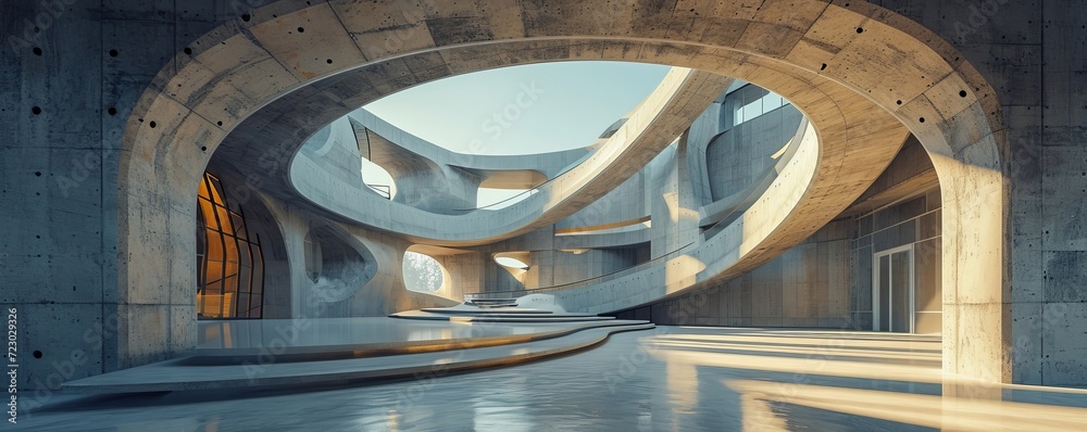 Empty abstract architecture building in minimal concrete design with open space floor courtyard white podium and curved walls museum plaza as wide display showroom mockup environment, Generative AI - obrazy, fototapety, plakaty 