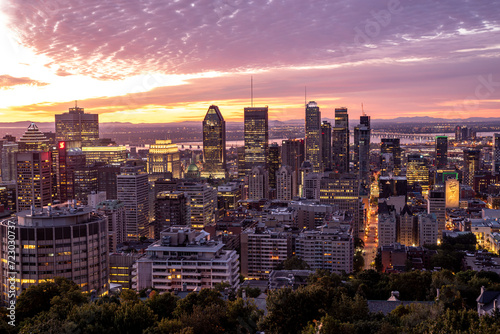 Aerial view of Montreal skyline in autumn at sunrise, Quebec, Canada photo