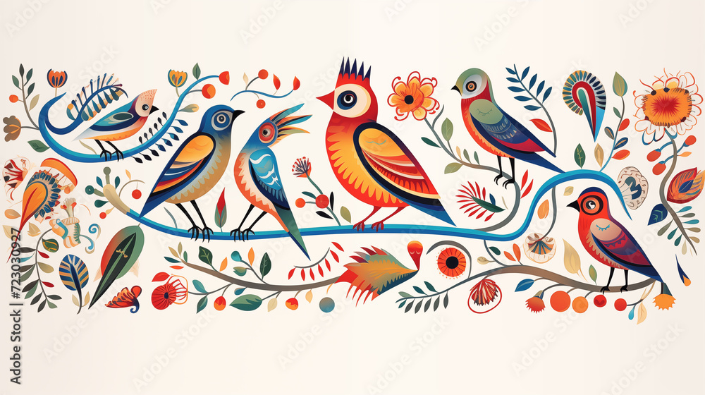 custom made wallpaper toronto digitalVibrant Illustration of Stylized Birds with Floral Patterns and Ornaments