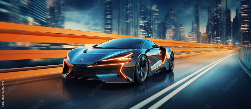 Futuristic luxury modern high speed sport car driving in city at night with neon light. AI generated