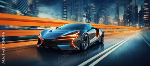 Futuristic luxury modern high speed sport car driving in city at night with neon light. AI generated © yusufadi