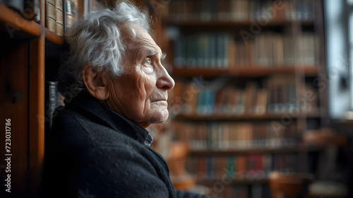 Aging man contemplating life with wrinkles in the library with books, by the window