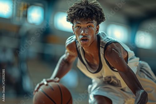 Professional basketball player running in the court with a ball in his hand during a basketball game, his facial expression reflects fierce determination to win, Generative AI