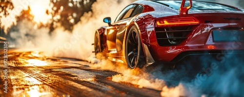 generic sports car performing burnout or drifting on racing track with smoke and heat as wide banner with copy space area - Generative AI photo