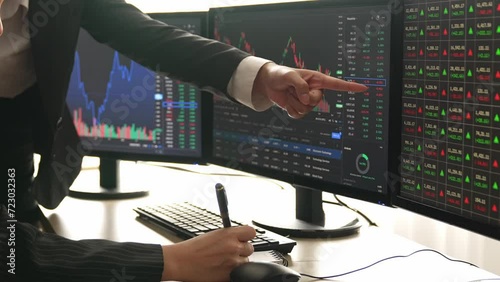 Slow motion business investors in stock trading company analyzing stock exchange marketing looking at monitors analyzing candle bar price for loss and grow up gain and profits. Burgeoning photo