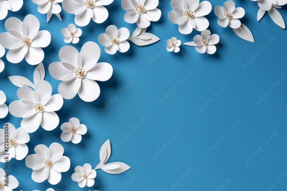 Paper cut flowers and leaves, Fresh spring nature background. Floral banner, poster, flyer template with copy space. Paper cut flowers and leaves, Fresh spring nature background. Floral banner, poster, flyer template with copy space.