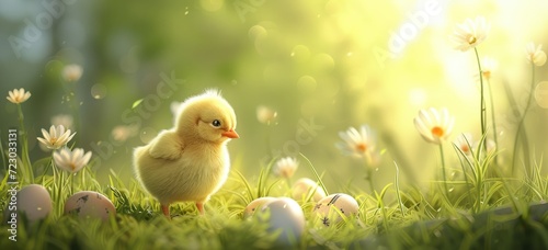 Sweet and charming yellow baby chicks alongside their eggs.