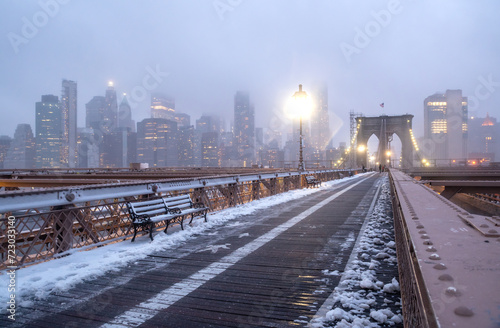 Brooklyn Bridge is covered under a blanket of snow. New York  USA