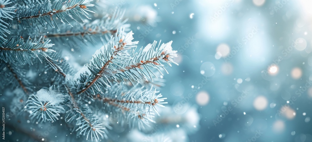 An up-close view of a frosted branch in the midst of a winter forest.