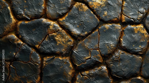 The skin, scales of a dragon, dinosaur, reptile are gold and black in color. Background with a texture image.