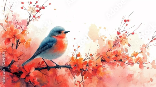 A watercolor painting of a bird sitting on a branch © Maria Starus