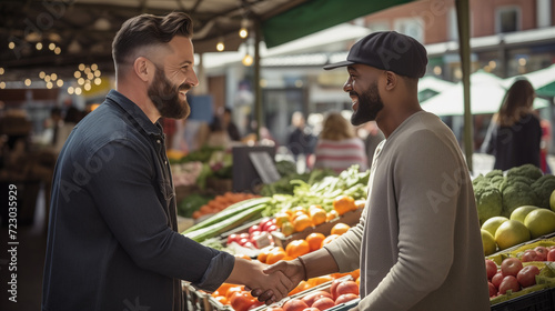 A buyer and seller shake hands as they meet at a busy farmers market, demonstrating friendship and community spirit