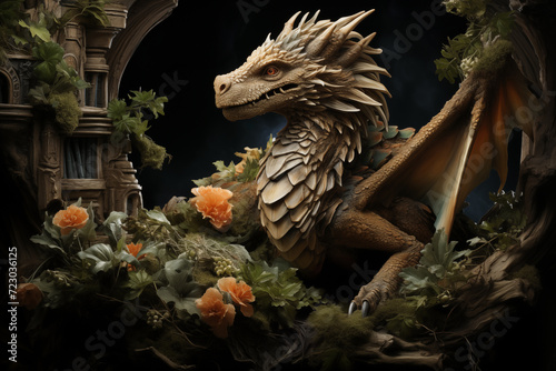 Enigmatic Beige Dragon Nestled Amongst Gothic Ruins and Lush Foliage, a Scene Straight Out of a Fantasy Tale © Damian
