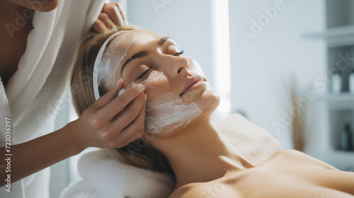 a close-up view of a serene face being applied a rejuvenating green facial mask by bursh application service. The facial treatment is being performed by a skilled profes