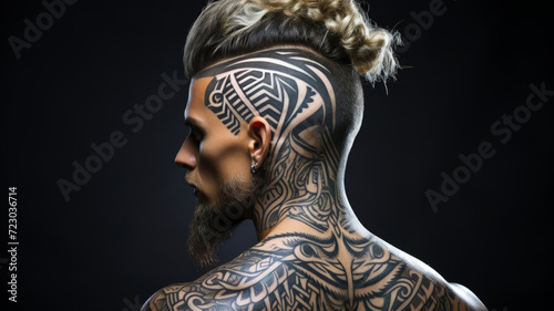 Modern Tribal Art: Man with Undercut Hairstyle and Bold Tattoo Design - Ink Your Identity, Ai Generated photo