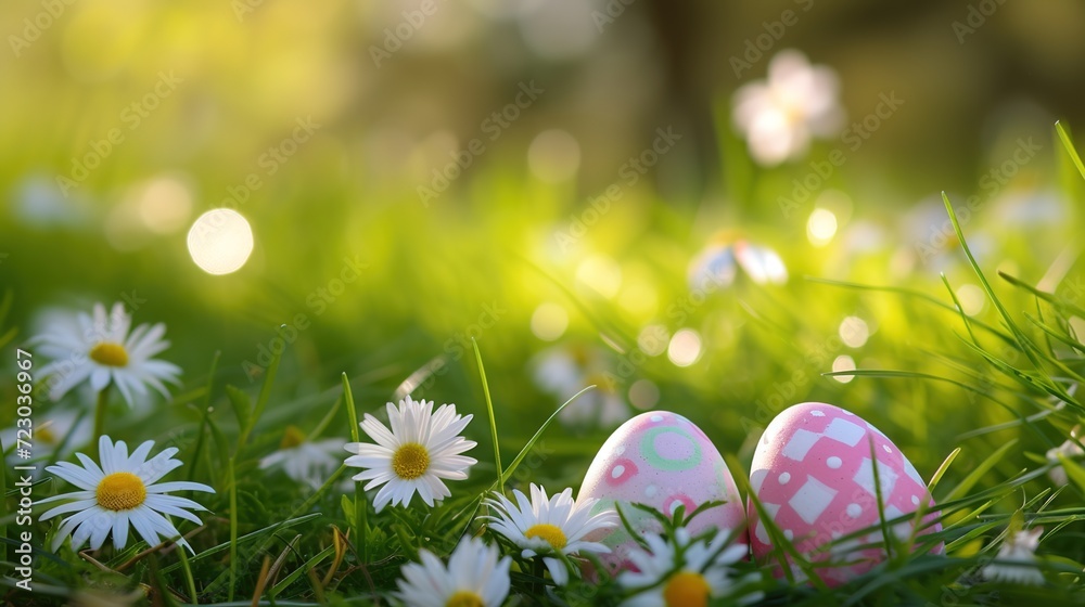 Colorful Easter eggs hidden in a field of green grass.