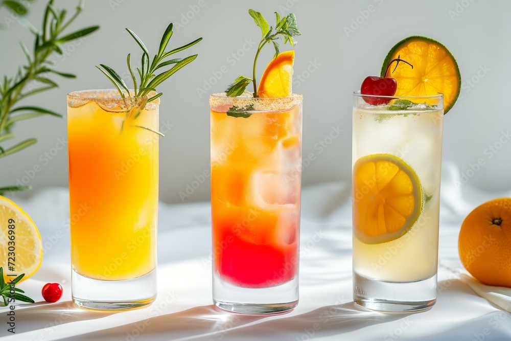 Fototapeta premium three modern fresh non alcoholic mocktails, minimalist