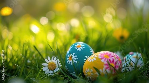 Colorful Easter eggs lie hidden among blades of green grass.