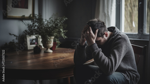 a moment of a sad, alone man sitting at home, holding his hand on his head