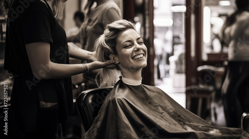 A woman sits comfortably in a chic salon chair, a content smile gracing her lips as a hairdresser attends to her, the sound of scissors and hairdryers filling the air with a sense of relaxation
