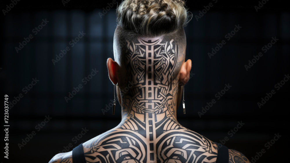 Modern Tribal Art: Man with Undercut Hairstyle and Bold Tattoo Design - Ink Your Identity, Ai Generated