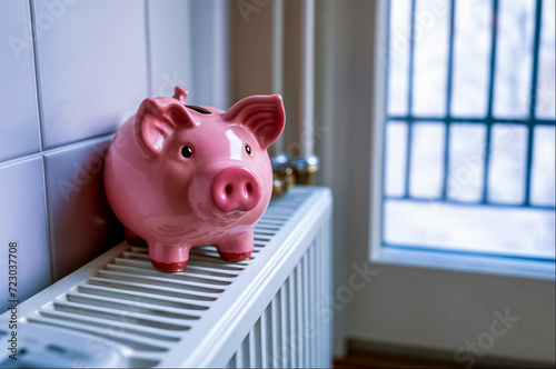 une tirelire cochon posée sur un radiateur pour illustrer les économies sur le chauffage photo