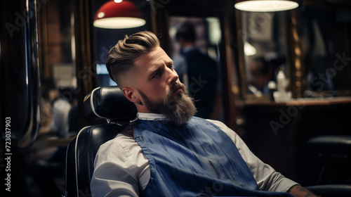 A handsome blue-eyed man sits confidently in a vintage barber chair, a relaxed smile gracing his lips as a skilled barber attends to him photo