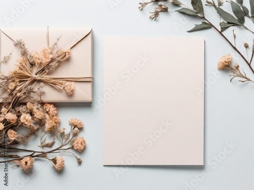 Card mock up with dry flowers and hearts. Birthday, Valentines day, Mother day, Father day present. Greeting card. Top view. Copy space. © zulfiska