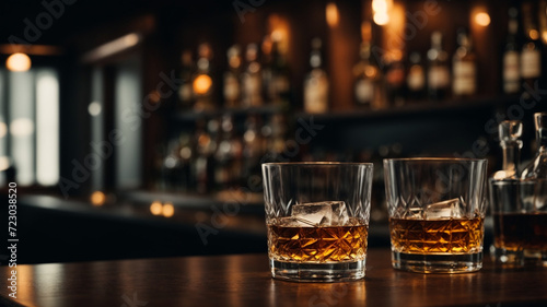 Two glass of whiskey with ice on bar counter, moody dark background