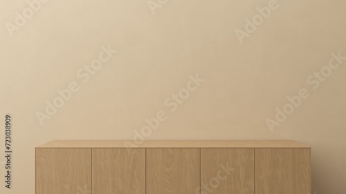 Empty space wooden counter on beige wall background with natural lighting. Mockup scene display for products presentation. 