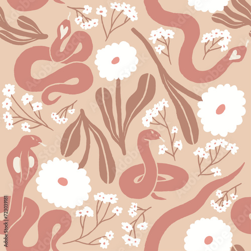 Pink and beige snakes  with white marigold flowers seamless pattern