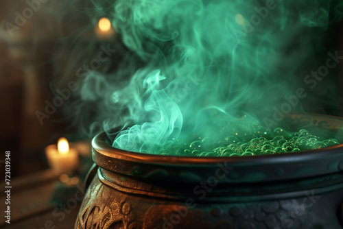 Mystical Green Potion in Ornate Cauldron with Candlelight - Fantasy and Magic Concept for Creative Projects