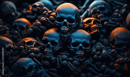 A pile of human and animal skulls arranged in a disordered but intimate grouping.