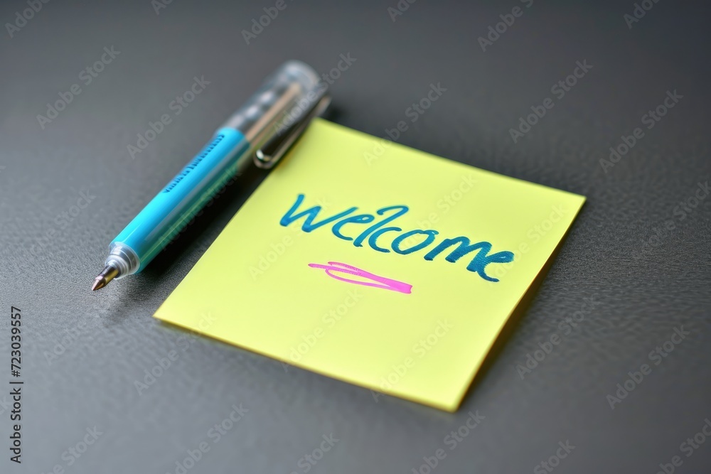 Welcome message written on a post-it note Welcome message written on a post-it note