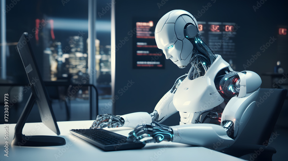 Robot working with modern computer. Neural network AI generated art Robot working with modern computer. Neural network AI generated art