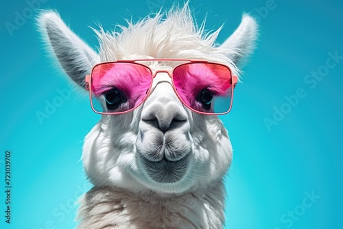 A llama wearing pink glasses stands against a vibrant blue background.