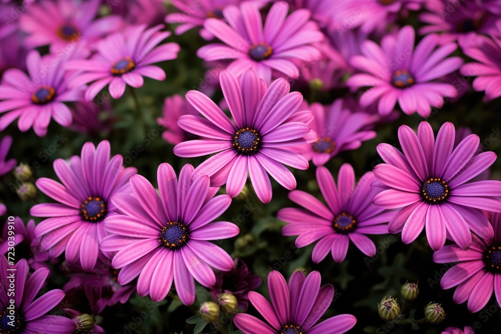 Fototapeta premium A grouping of purple flowers in full bloom, showcasing their vibrant colors and delicate petals.