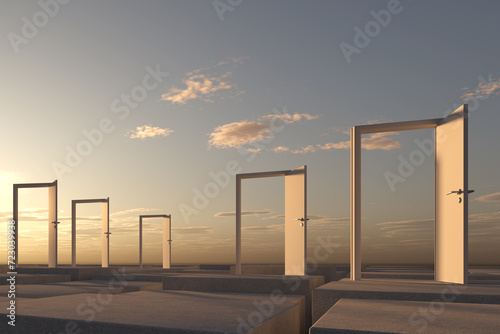 abstract business symbol with doors and cloud-sky - 3D Illustration