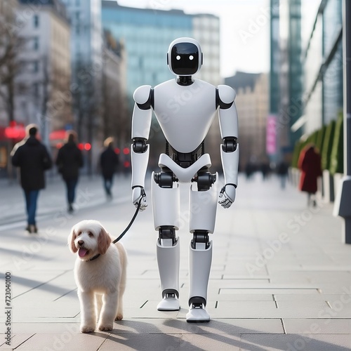 white robot with humanoid shape walking a dog through a city on a sunny day. Artificial intelligence concept