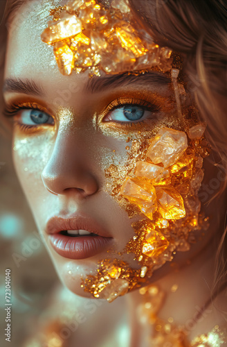 beauty woman, made of gold Crystal Geode, Split open, showcasing crystals inside. Surrealistic concept photography photo