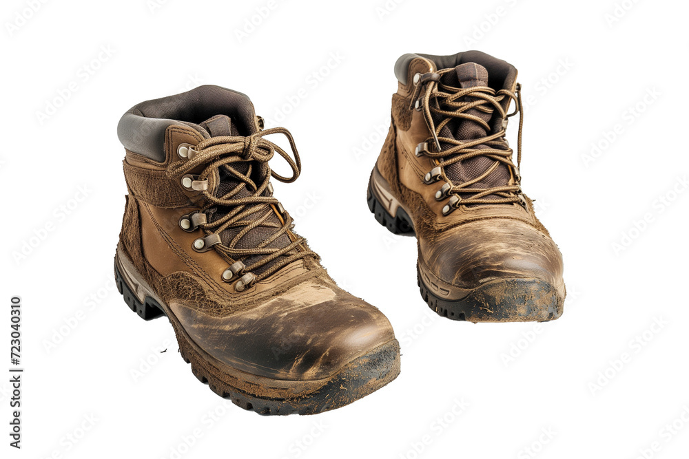 Worn and Weathered Hiking Boots Isolated on Black – Symbolizing Adventure and Endurance in Outdoor Activities