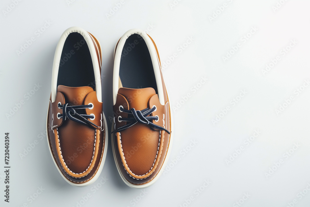 Classic Two-Tone Leather Boat Shoes on White Background – Ideal for Nautical Fashion and Casual Footwear Advertising