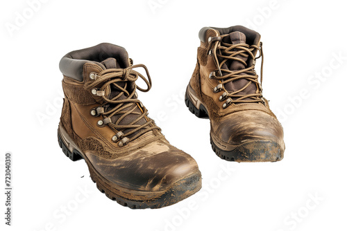 Worn and Weathered Hiking Boots Isolated on Black – Symbolizing Adventure and Endurance in Outdoor Activities