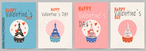 Postcards templates set for Saint Valentine's day, 14 february. Hand drawn cards with glass layer with eiffel tower, heart, text.