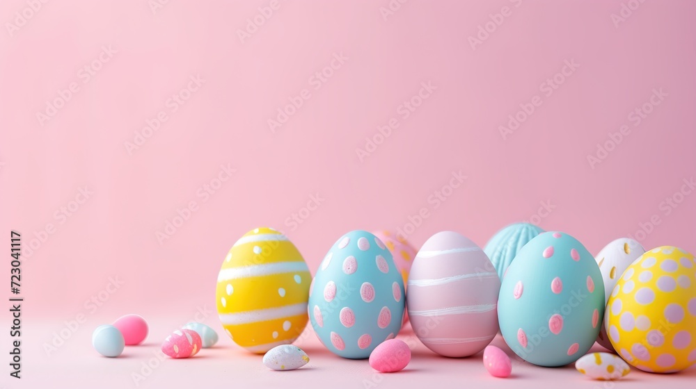 vibrant Easter eggs against a soft pastel backdrop.