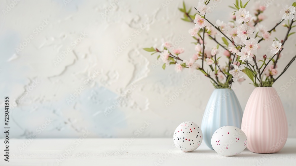 Easter eggs and springtime flowers in a vase on a pale backdrop.